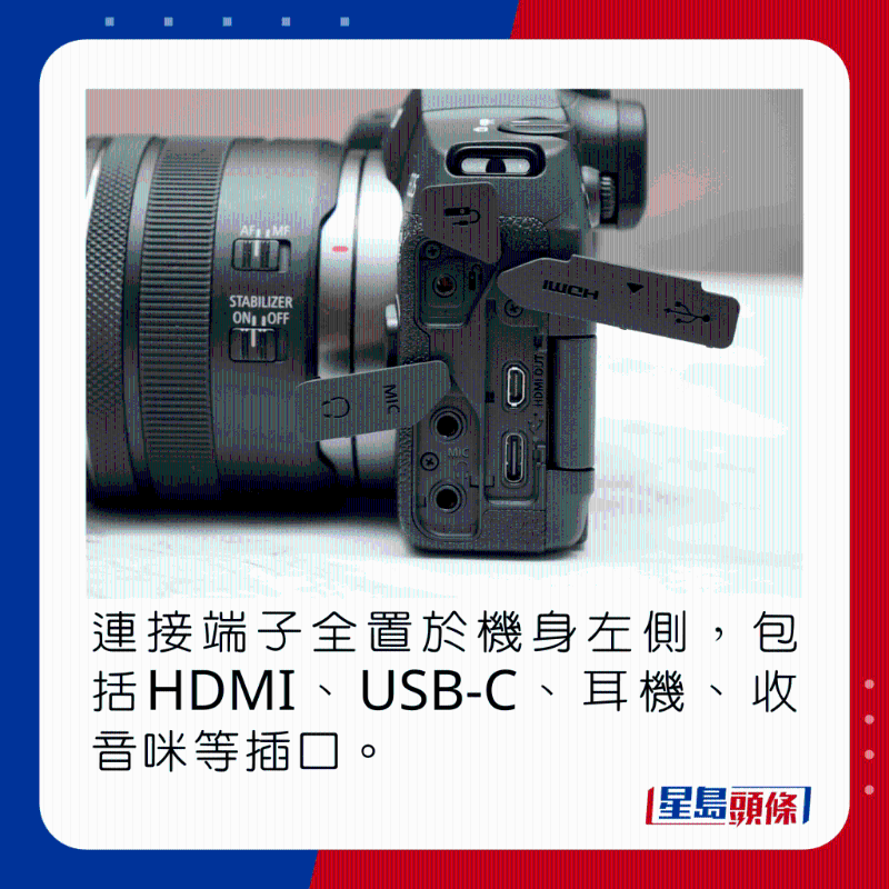 连接端子全置于机身左侧,包括HDMI、USB-C、耳机、收音咪等插口。