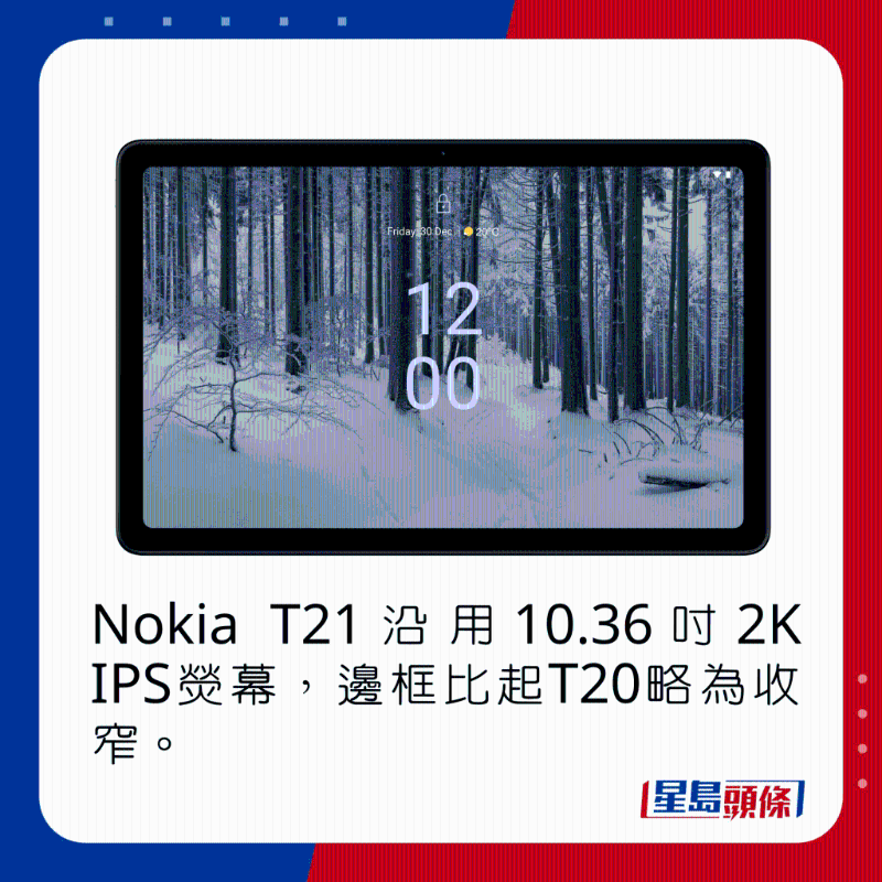 Nokia T21沿用10.36吋2K IPS荧幕,边框比起T20略为收窄。