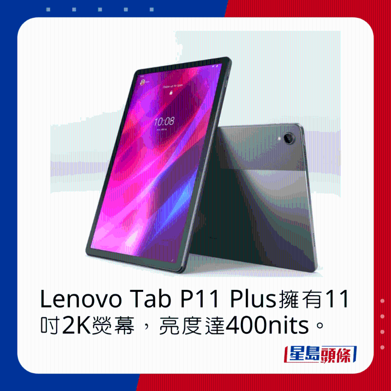 Lenovo Tab P11 Plus拥有11吋2K荧幕,亮度达400nits。