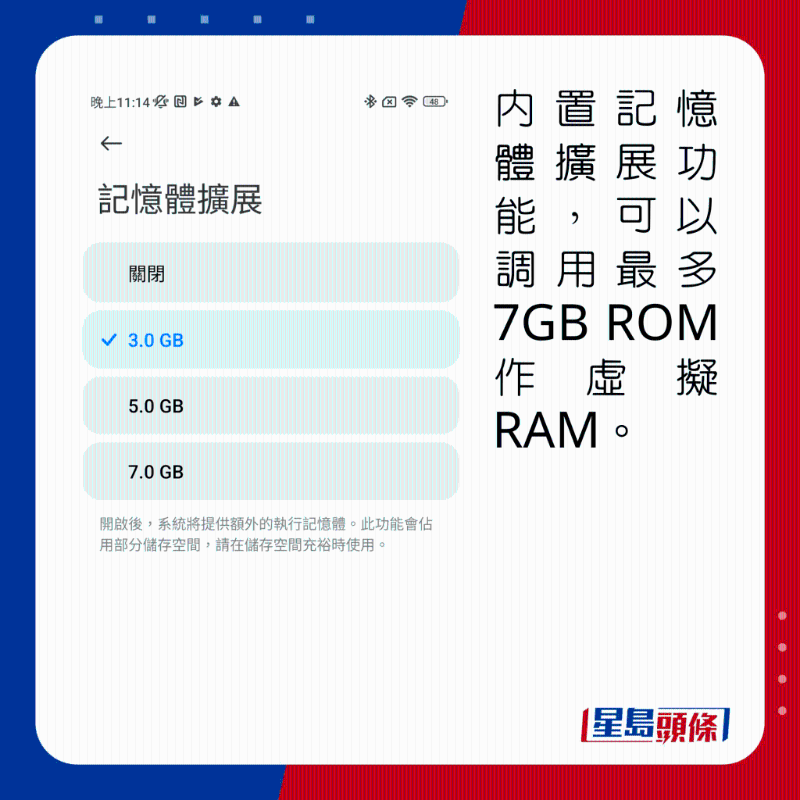 內置記憶體擴展功能,可以調用最多7GB ROM作虛擬RAM。