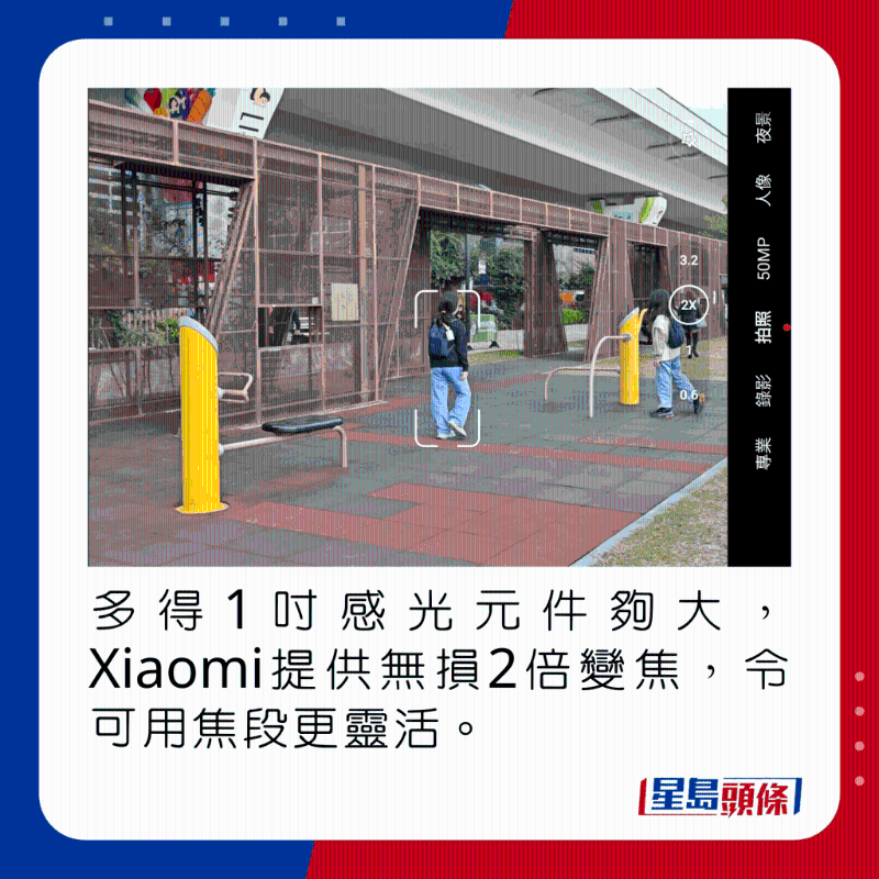 多得1吋感光元件夠大,Xiaomi提供無損2倍變焦,令可用焦段更靈活。