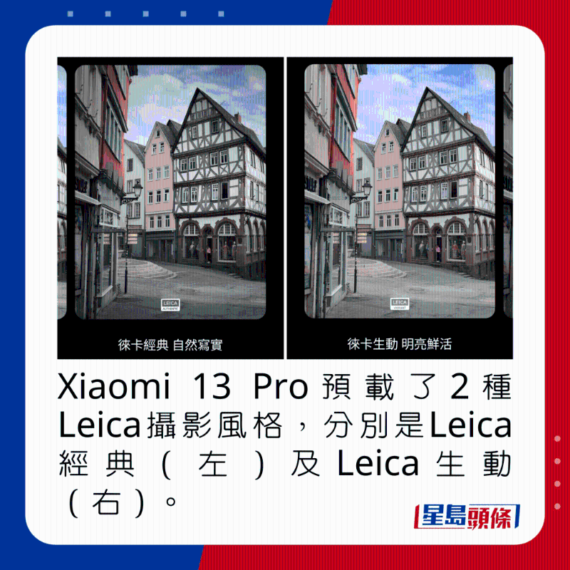 Xiaomi 13 Pro預載了2種Leica攝影風格,分別是Leica經典(左)及Leica生動(右)。