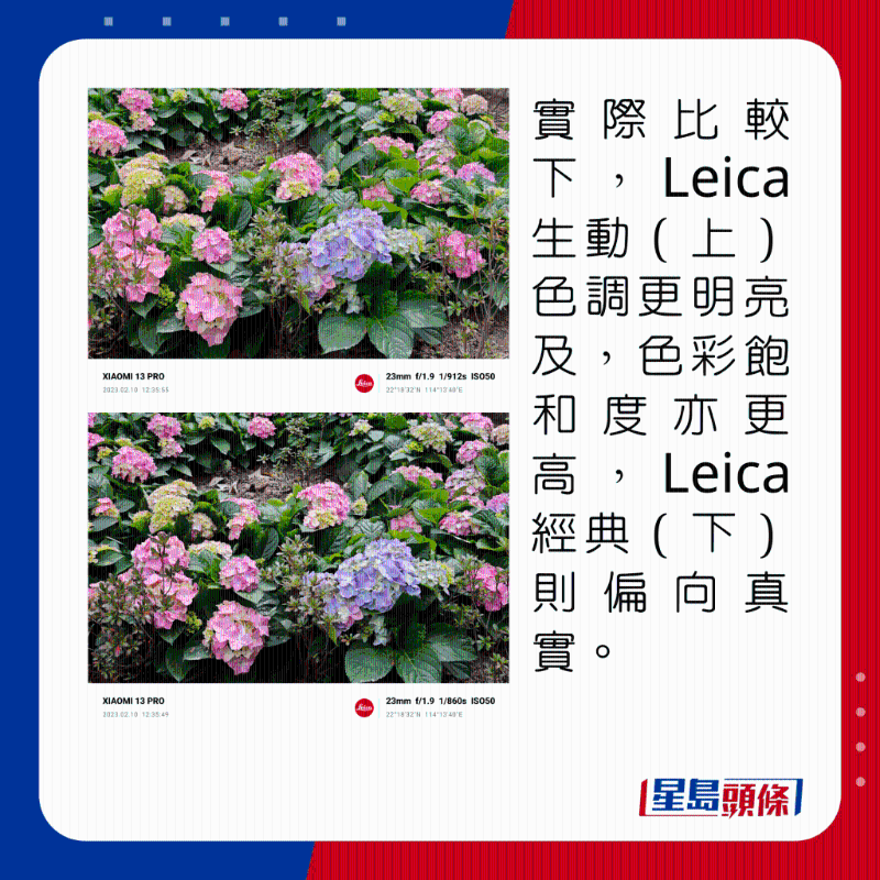 實際比較下,Leica生動(上)色調更明亮及,色彩飽和度亦更高,Leica經典(下)則偏向真實。