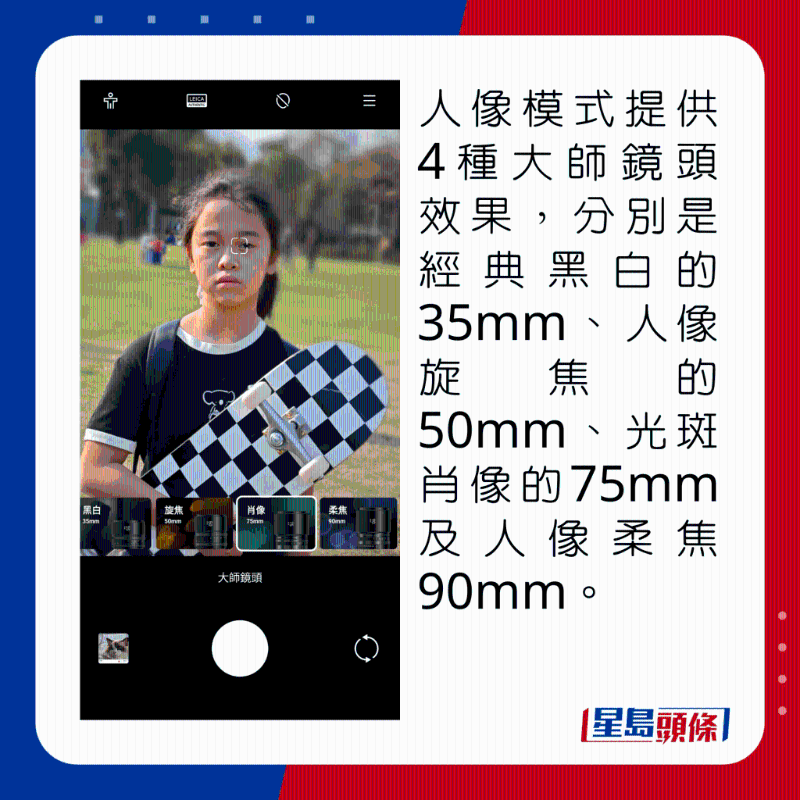 人像模式提供4種大師鏡頭效果,分別是經典黑白的35mm、人像旋焦的50mm、光斑肖像的75mm及人像柔焦90mm。