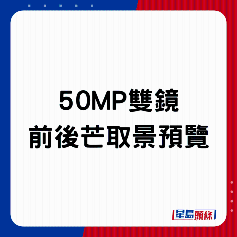 50MP双镜,前后芒取景预览。