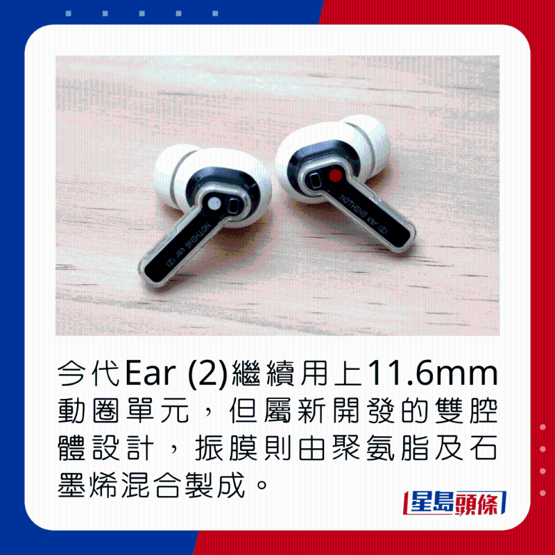 今代Ear (2)繼續用上11.6mm動圈單元,但屬新開發的雙腔體設計,振膜則由聚氨脂及石墨烯混合製成。