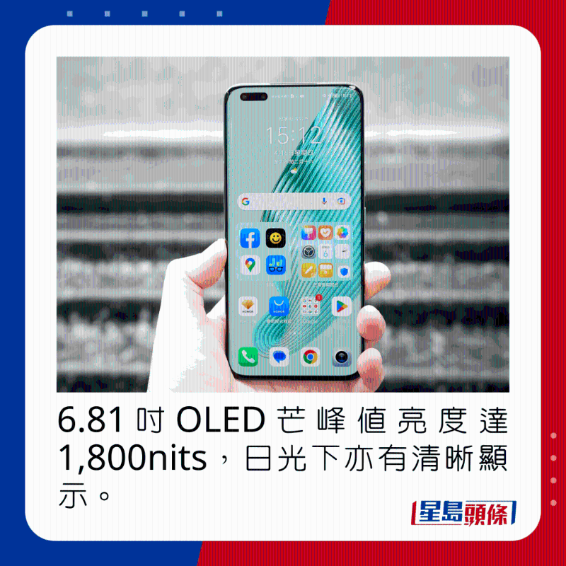 6.81吋OLED芒峰值亮度达1,800nits,日光下亦有清晰显示。