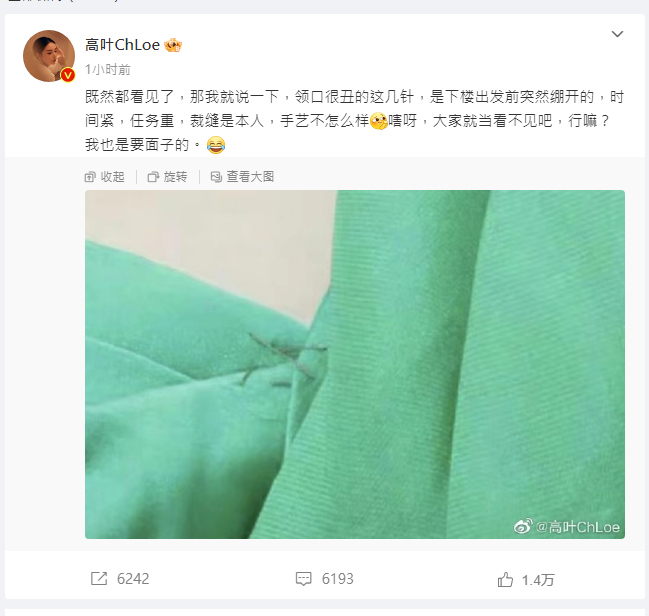 高叶事后在微博解释是亲手缝制 高叶事后在微博解释是亲手缝制