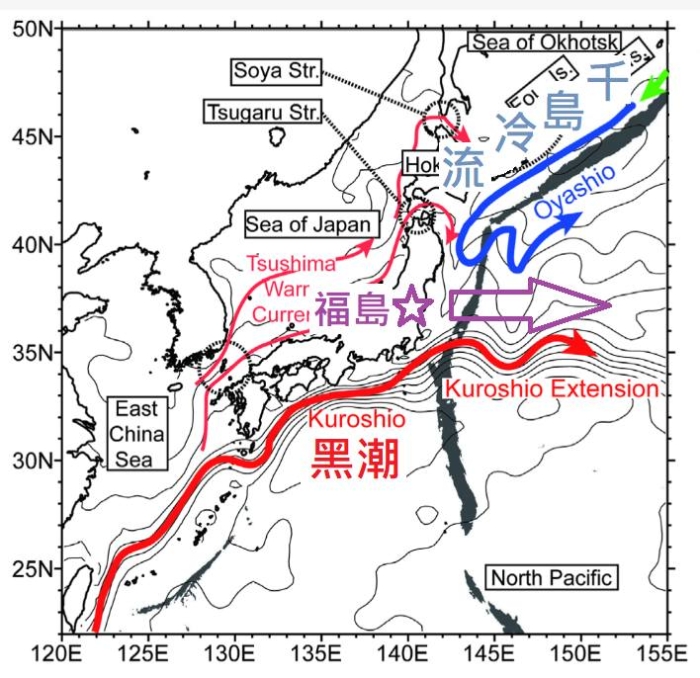 福岛外海是来自东南方的暖流“黑潮”和来自东北方的冷流“千岛海流”会合的海域,随后进入向东的北太平洋海流。 福岛外海是来自东南方的暖流“黑潮”和来自东北方的冷流“千岛海流”会合的海域,随后进入向东的北太平洋海流。