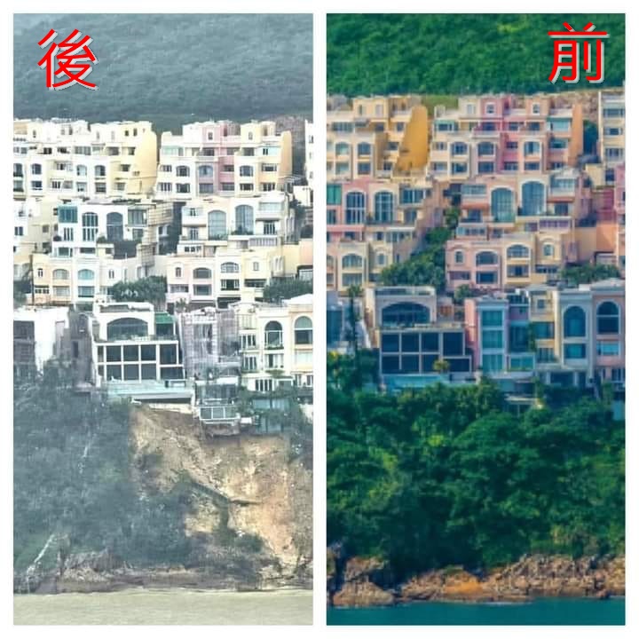 红山半岛塌山泥前后情况。 红山半岛塌山泥前后情况。