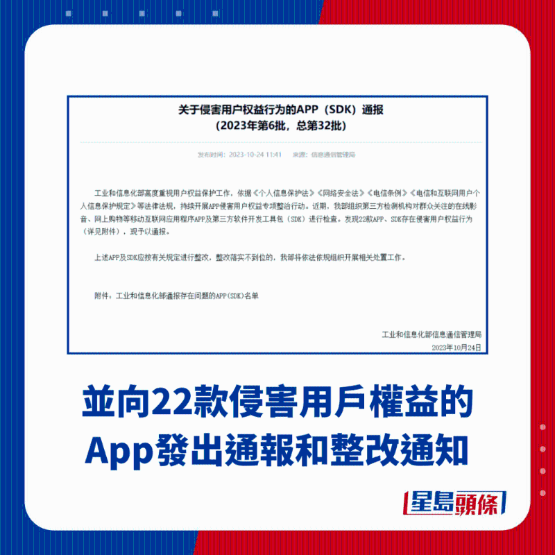 并向22款侵害用户权益的App发出通报和整改通知 并向22款侵害用户权益的App发出通报和整改通知