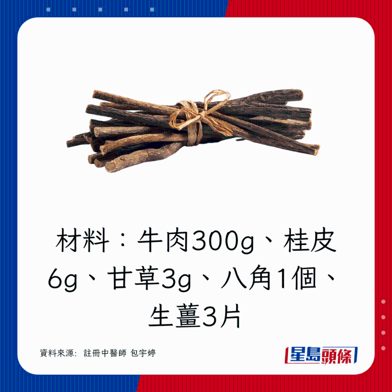 牛肉300g、桂皮6g、甘草3g、八角1个、生姜3片 牛肉300g、桂皮6g、甘草3g、八角1个、生姜3片