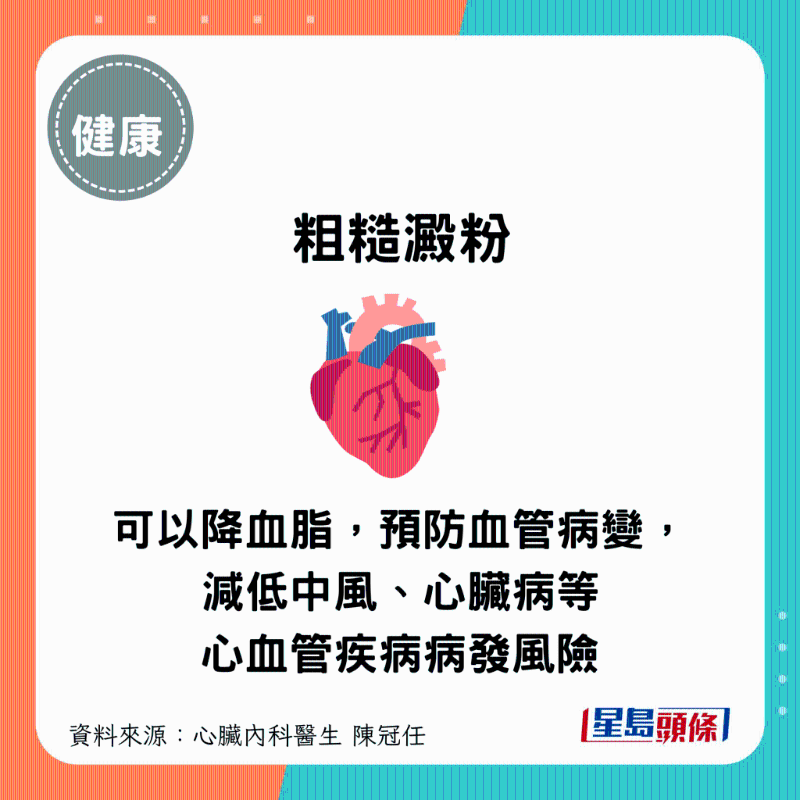 粗糙淀粉类食物有助降血脂,预防血管病变,减低中风、心脏病等心血管疾病病发风险。 粗糙淀粉类食物有助降血脂,预防血管病变,减低中风、心脏病等心血管疾病病发风险。