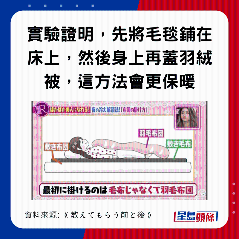 先将毛毯铺在床上,身上再盖羽绒被,是最保暖的盖被方法 先将毛毯铺在床上,身上再盖羽绒被,是最保暖的盖被方法