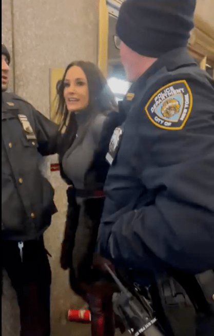 美国前AV女优丽莎(Lisa Ann Corpora)周日在纽约看脱口秀时,因被指使用了手机,被4名警察用手铐拖出剧院,事件引起争议 美国前AV女优丽莎(Lisa Ann Corpora)周日在纽约看脱口秀时,因被指使用了手机,被4名警察用手铐拖出剧院,事件引起争议