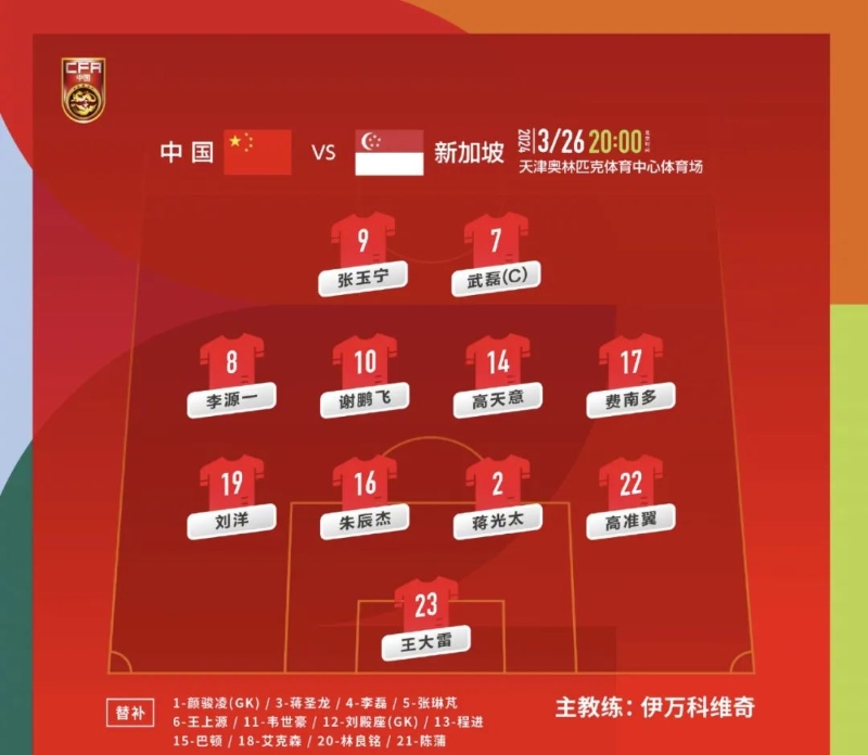 国足首发。 国足首发。
