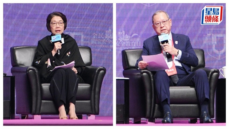 香港总商会主席阮苏少湄(左),贸发局主席林建岳(右)。 香港总商会主席阮苏少湄(左),贸发局主席林建岳(右)。