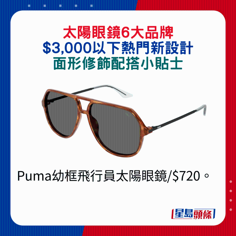 Puma幼框飞行员太阳眼镜 $720。 Puma幼框飞行员太阳眼镜 $720。