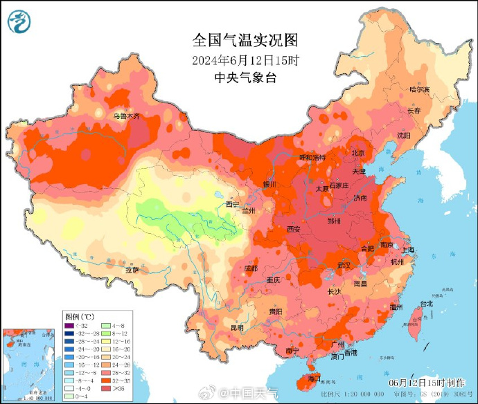 昨日内地的天气图。大部分地方都“红”了