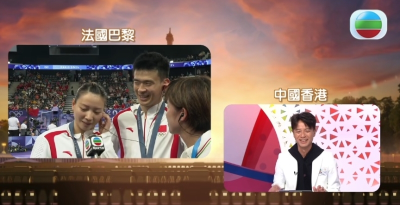 李克勤越洋访问,祝贺郑思维黄雅琼夺金。 电视截图 李克勤越洋访问,祝贺郑思维黄雅琼夺金。 电视截图