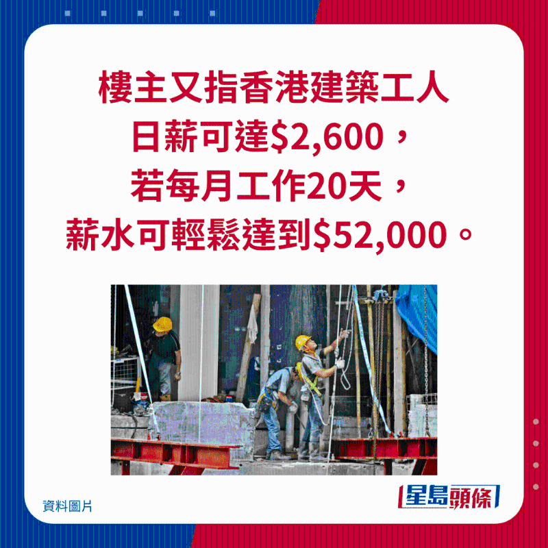 楼主又指香港建筑工人 日薪可达$2,600, 若每月工作20天, 薪水可轻松达到$52,000。 楼主又指香港建筑工人 日薪可达$2,600, 若每月工作20天, 薪水可轻松达到$52,000。