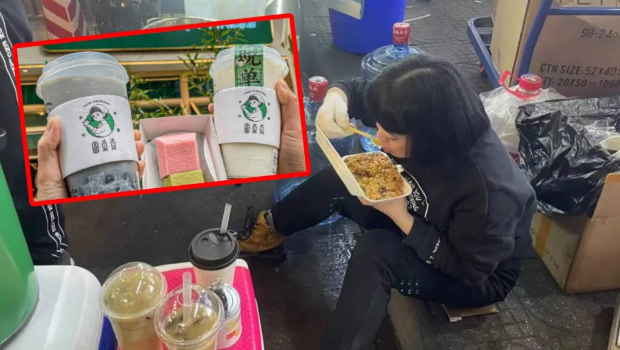 “圆真真”创办人谢瑶破产后在街市摆地摊卖奶茶。