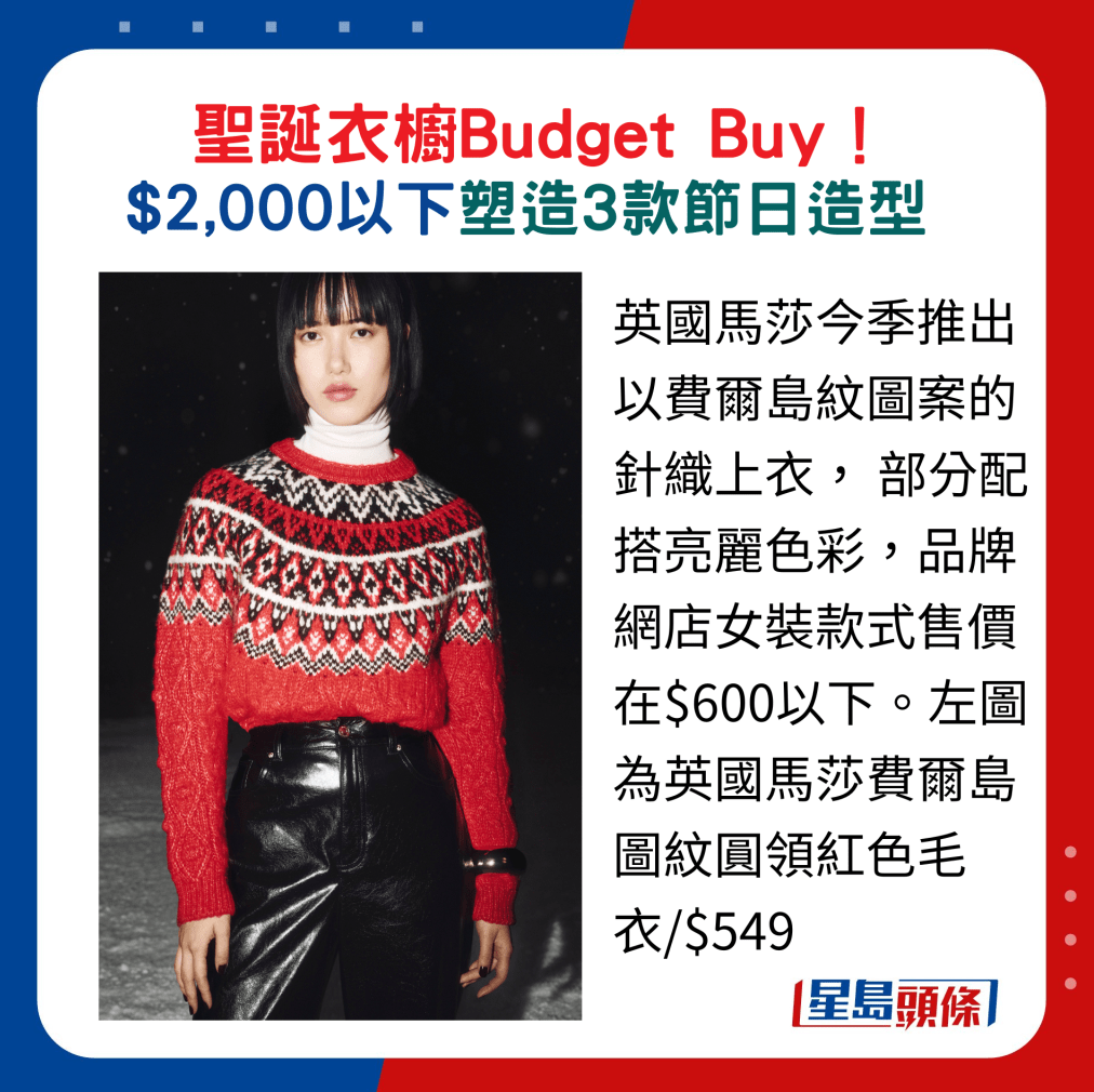 英国马莎今季推出以费尔岛纹图案的针织上衣, 部分配搭亮丽色彩,品牌网店女装款式售价在$600以下。 左图为英国马莎费尔岛图纹圆领红色毛衣 英国马莎今季推出以费尔岛纹图案的针织上衣, 部分配搭亮丽色彩,品牌网店女装款式售价在$600以下。 左图为英国马莎费尔岛图纹圆领红色毛衣