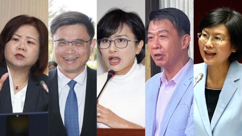 民进党高雄市长初选5抢1，分别为前“劳动部长”许铭春（左一）、赖瑞隆（左二）、“立委”邱议莹（左三）、许智杰（右二）、林岱桦（右一），竞争激烈。