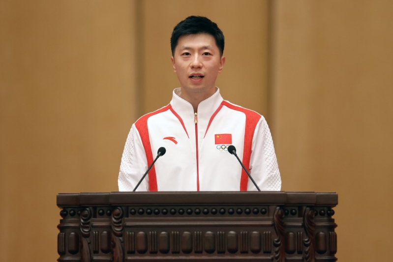乒乓球运动员马龙2024年11月15日在报告会上发言。