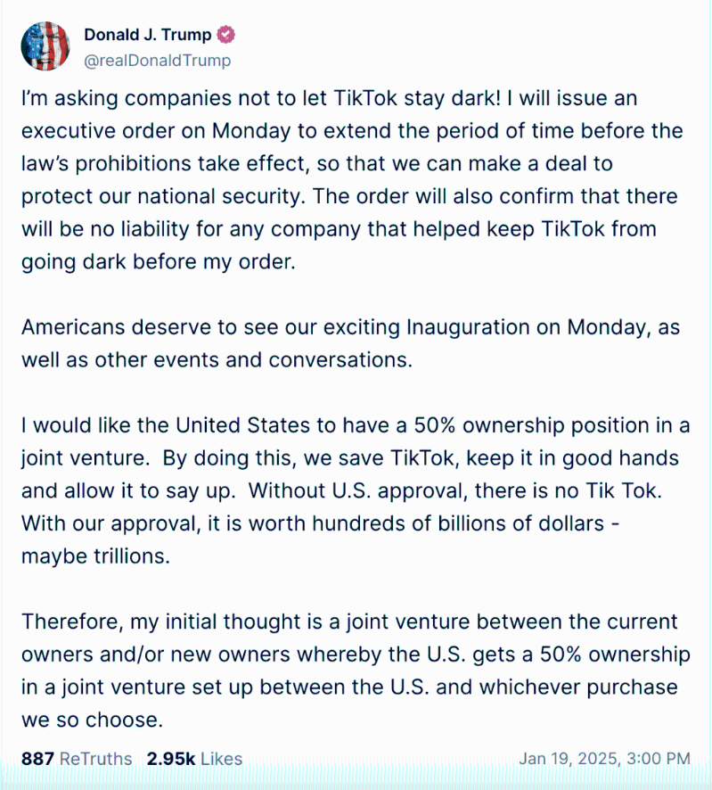 特朗普在其社交平台发文,称称下周一签署行命令,延长TikTok禁令生效期限。 特朗普在其社交平台发文,称称下周一签署行命令,延长TikTok禁令生效期限。