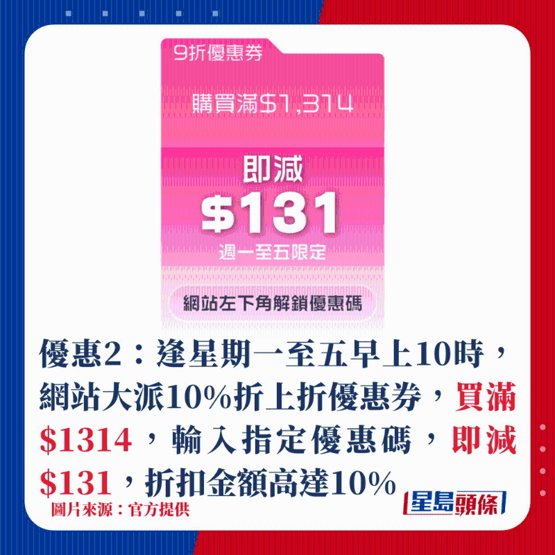 优惠2：逢星期一至五早上10时，网站大派10%折上折优惠券，买满$1314，输入指定优惠码，即减$131，折扣金额高达10%