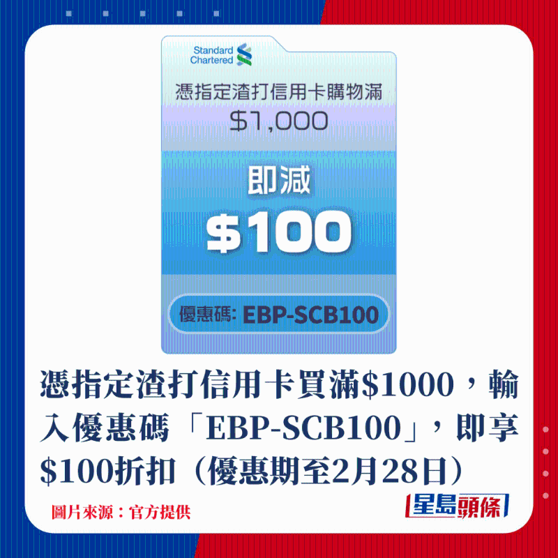 憑指定渣打信用卡買滿$1000，輸入優惠碼「EBP-SCB100」，即享$100折扣（優惠期至2月28日）