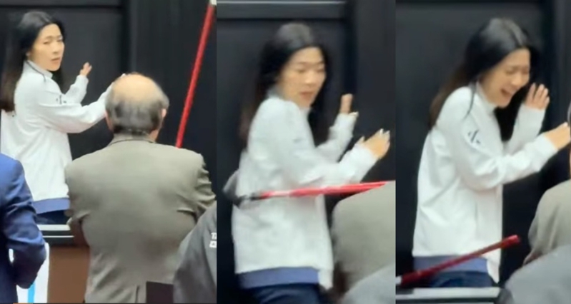徐巧芯遭柯建铭狂砸拐杖击中手臂，惊恐尖叫，引发蓝委公愤。（合成图／国民党立院党团提供）