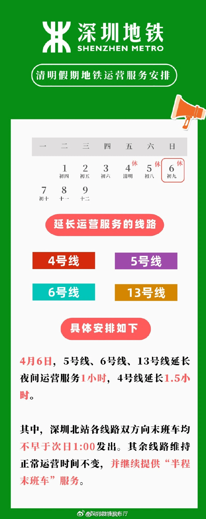 清明假深圳地铁部分线路延长服务。