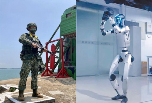 未来军事，人类卫哨可能由机器人所取代。左为金门烈屿守备大队卫哨。