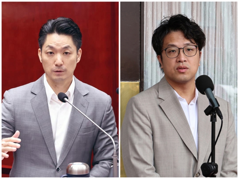 台北市长蒋万安（左）、民进党台北市长参选人沈伯洋（右）。